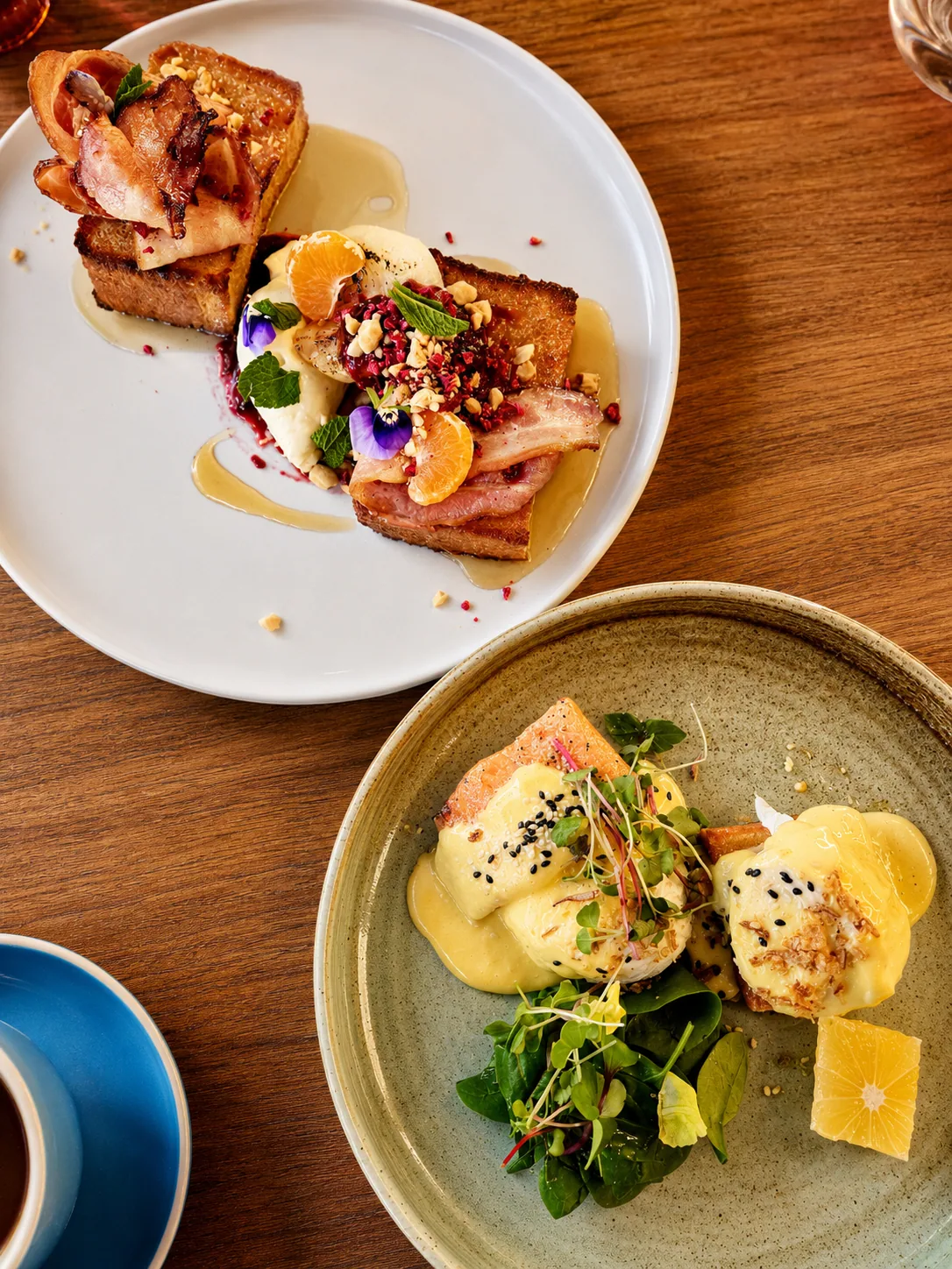 French toast and eggs on a shared brunch table
