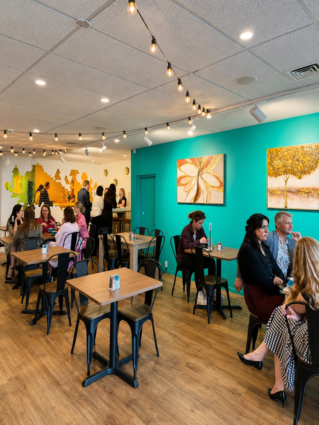 The lively Cafe Nineteen dining room with turquoise wall art