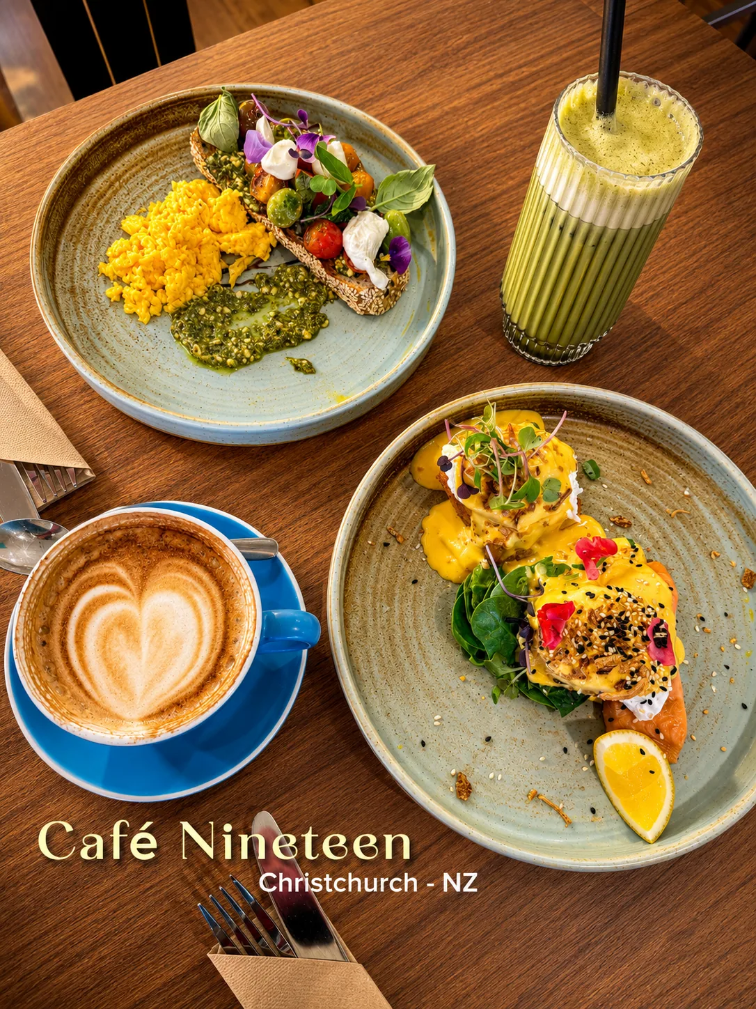 A colourful Cafe Nineteen brunch spread with coffee, eggs and a green drink